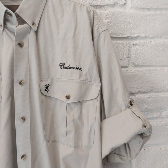 Browning Hunting Shirt Mens XL 16 Beige Padded Vented Shooting Ripstop Budweiser - Picture 5 of 14